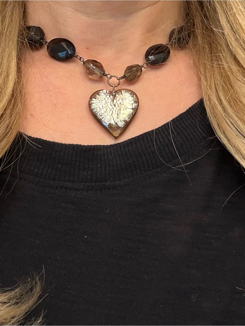 Smoky Topaz Heart Bead Necklace With Silver Foil Heart Pendant